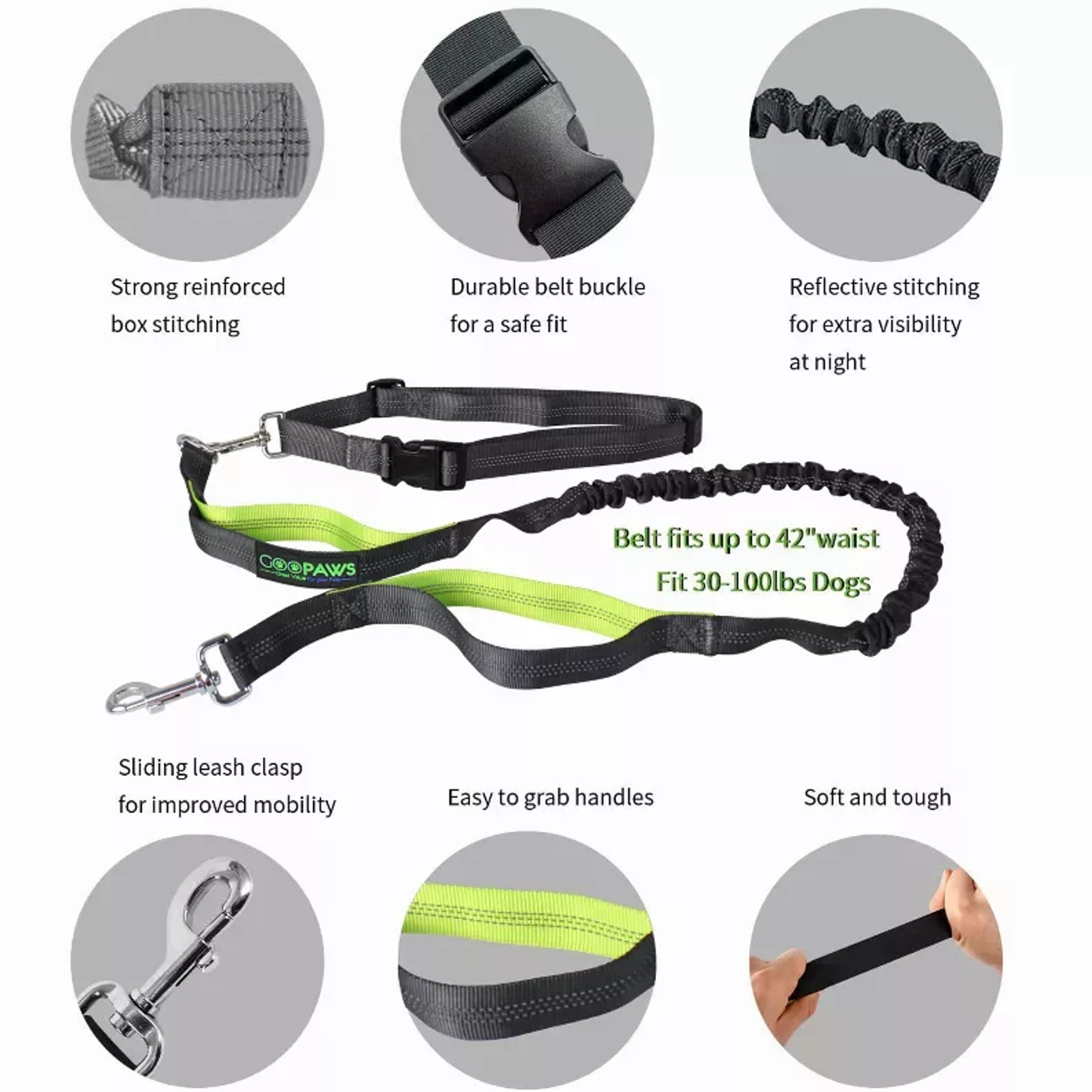 TD JESPET Dual Handle Waist Leash for Medium Large Dogs Hand-Free Running Reflective Bungee Adjustable for Durable Exercise