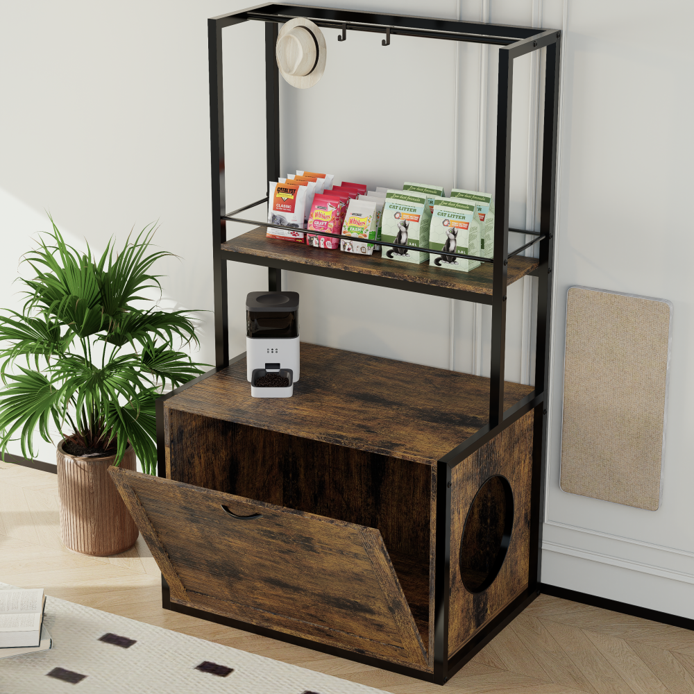 55"Refined Litter Box Enclosure with Storage Shelves and 2 Hanging Clothes Rack, 4-in-1 Hidden Cat Litter Box