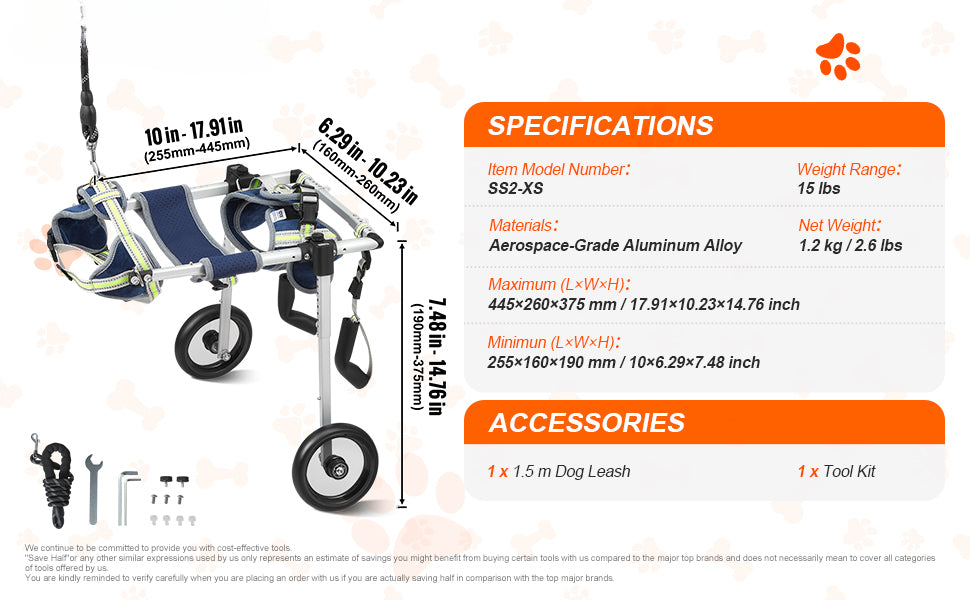 2 Wheels Dog Wheelchair for Back Legs, Pet Wheelchair Lightweight & Adjustable Assisting in Healing, Dog Cart/Wheelchair