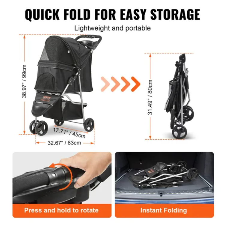 VEVOR FCJ 3-Wheel Pet Stroller Heavy Duty Puppy Stroller Front Pedal for Velcro Storage Basket Cup Holder Rotate Brakes for Dogs