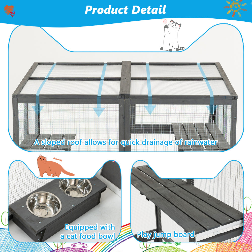 Outdoor Wooden Cat Catio - Large Solid Wood Cat Cage Playpen with 2 Jumping Platforms & 7 Napping Houses