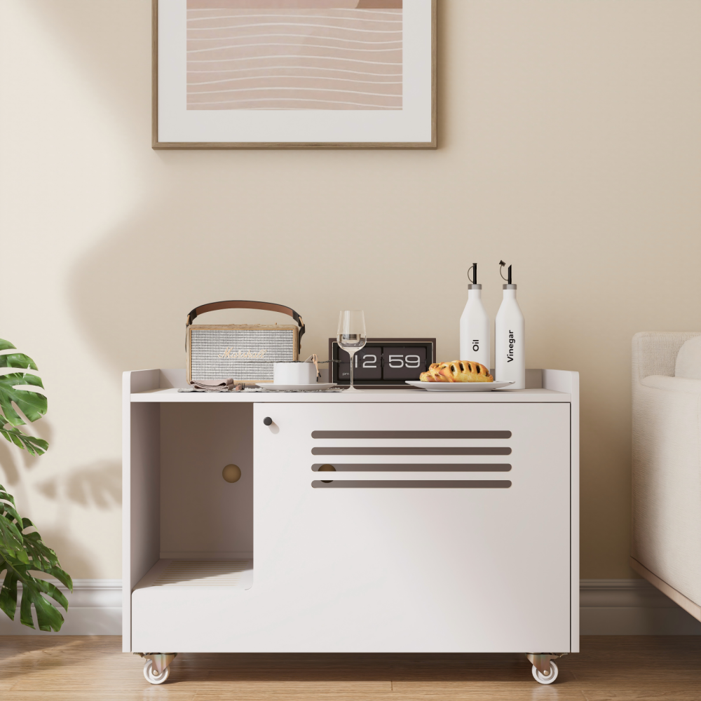 White Cat Litter Box Enclosure,Hidden Litter Box Furniture with Top Side Fence,Wooden Pet House Side End Table