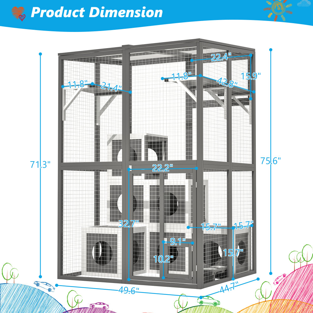 Outdoor Wooden Cat Catio - Large Solid Wood Cat Cage Playpen with 2 Jumping Platforms & 7 Napping Houses