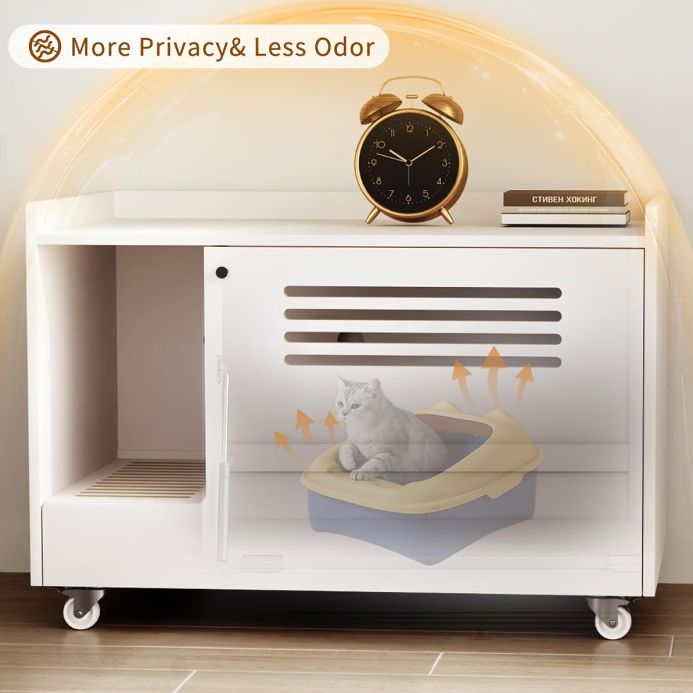 White Cat Litter Box Enclosure,Hidden Litter Box Furniture with Top Side Fence,Wooden Pet House Side End Table