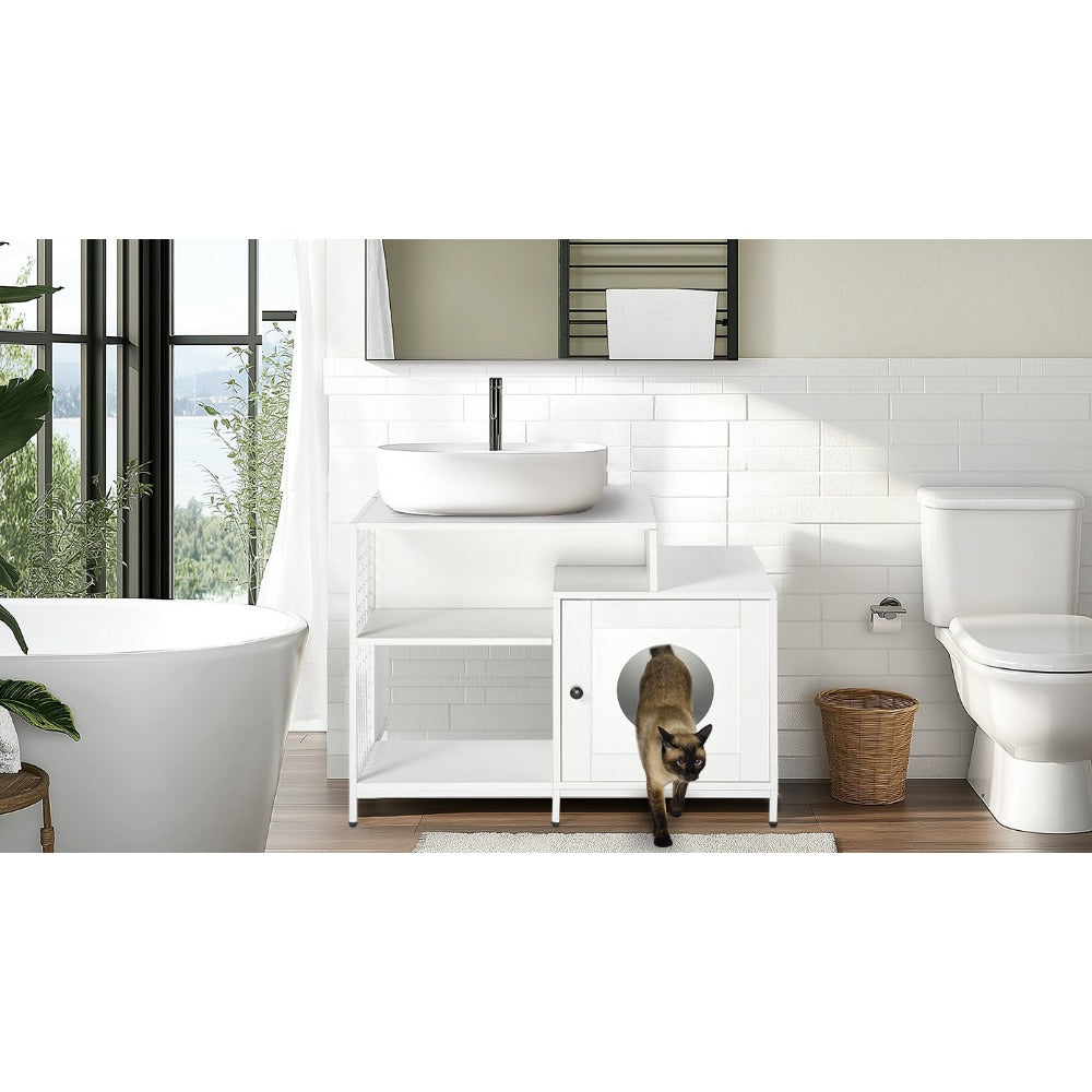 Cat litter box enclosure for bathroom, Hidden Litter Pet Washroom with Divider, Indoor Cat House for Large Cats, White