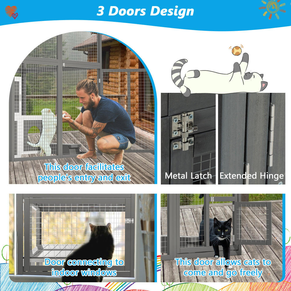 Outdoor Wooden Cat Catio - Large Solid Wood Cat Cage Playpen with 2 Jumping Platforms & 7 Napping Houses