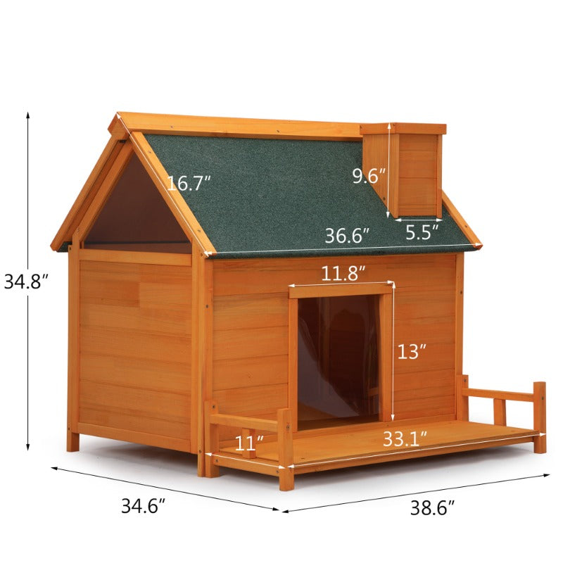 Indoor Outdoor Dog House, Wood Dog Cabin with Porch, Curtained Door, Waterproof Asphalt Roof, Pet Crate Kennel for Small to Medi