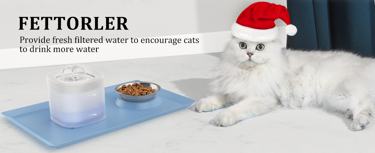 Cat Water Fountain and Food Bowl Set with Mat 1.8L Automatic Pet Running Water Dispenser with LED Light Ultra Silent