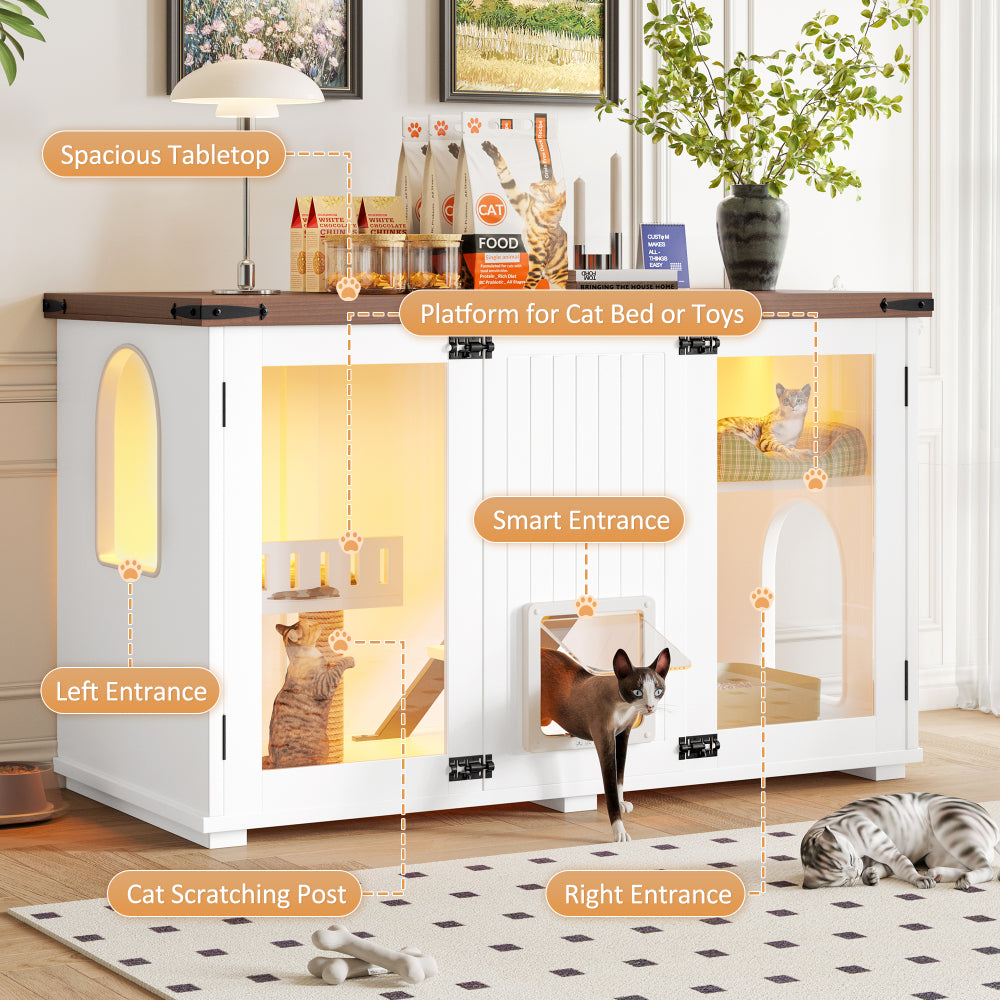 47.25" Large Cat Litter Box Enclosure with LED Light, Hidden Litter Box Furniture, Cat House with Stairs and Cat Scratching Post