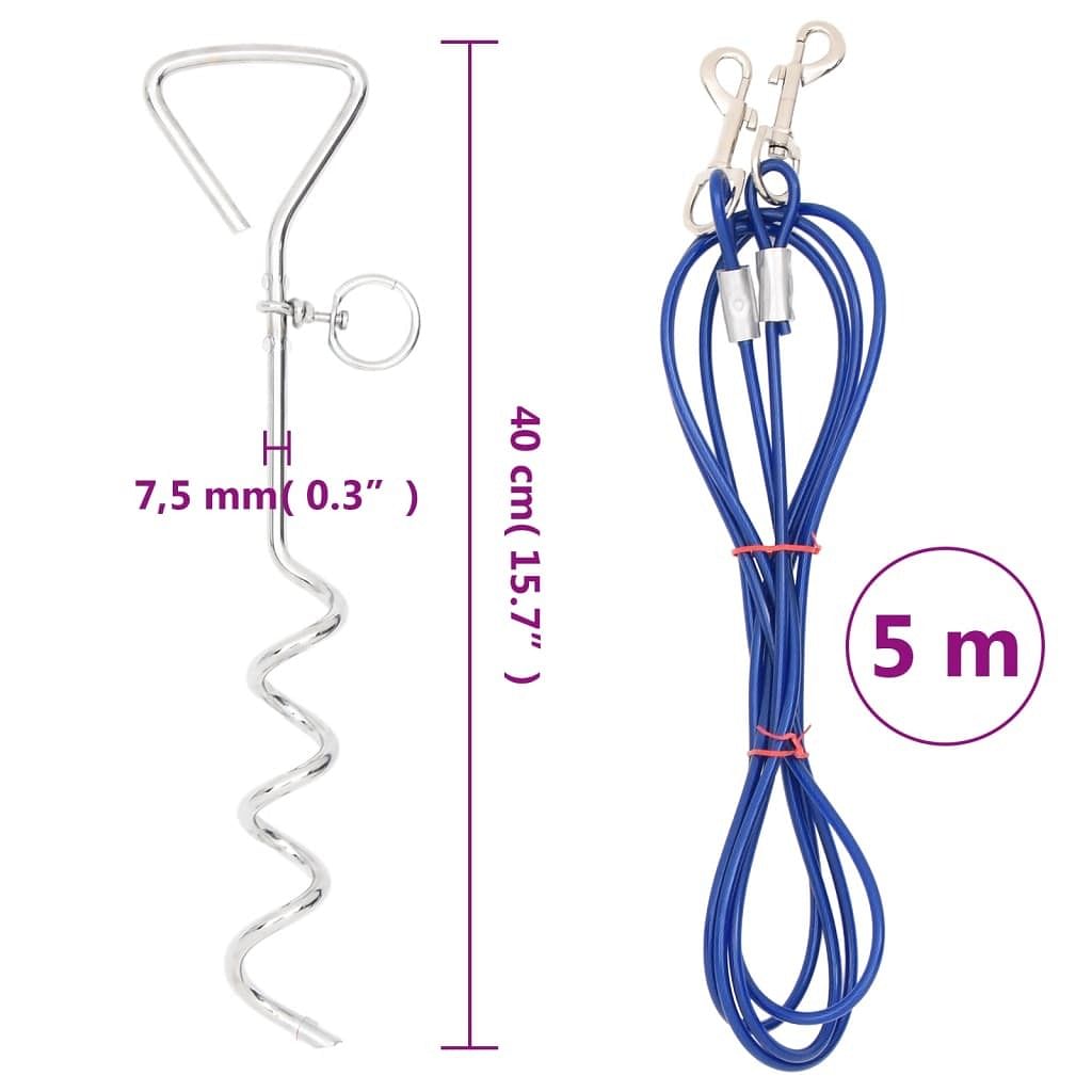VidaXL W2B Tough Steel Wire Dog Tie Out Cable Blue with PVC Coating Pet Apparel Accessory