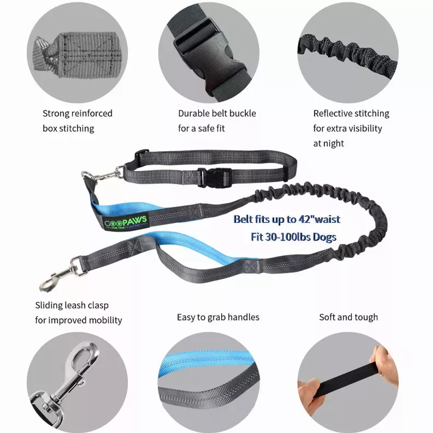 TD JESPET Dual Handle Waist Leash for Medium Large Dogs Hand-Free Running Reflective Bungee Adjustable for Durable Exercise
