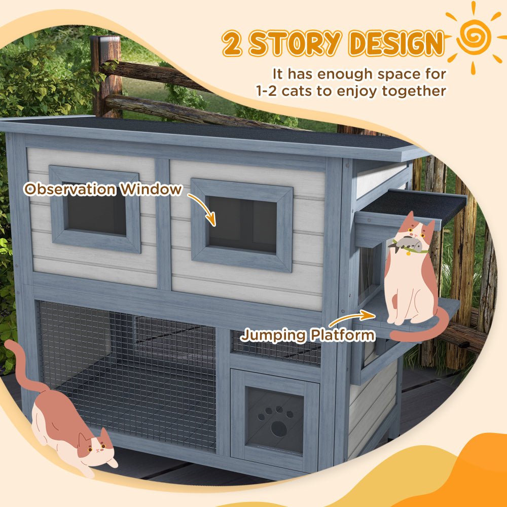 Outdoor Cat House, 2 Tier Weatherproof Feral Cat Shelter with Escape Door, Asphalt Roof