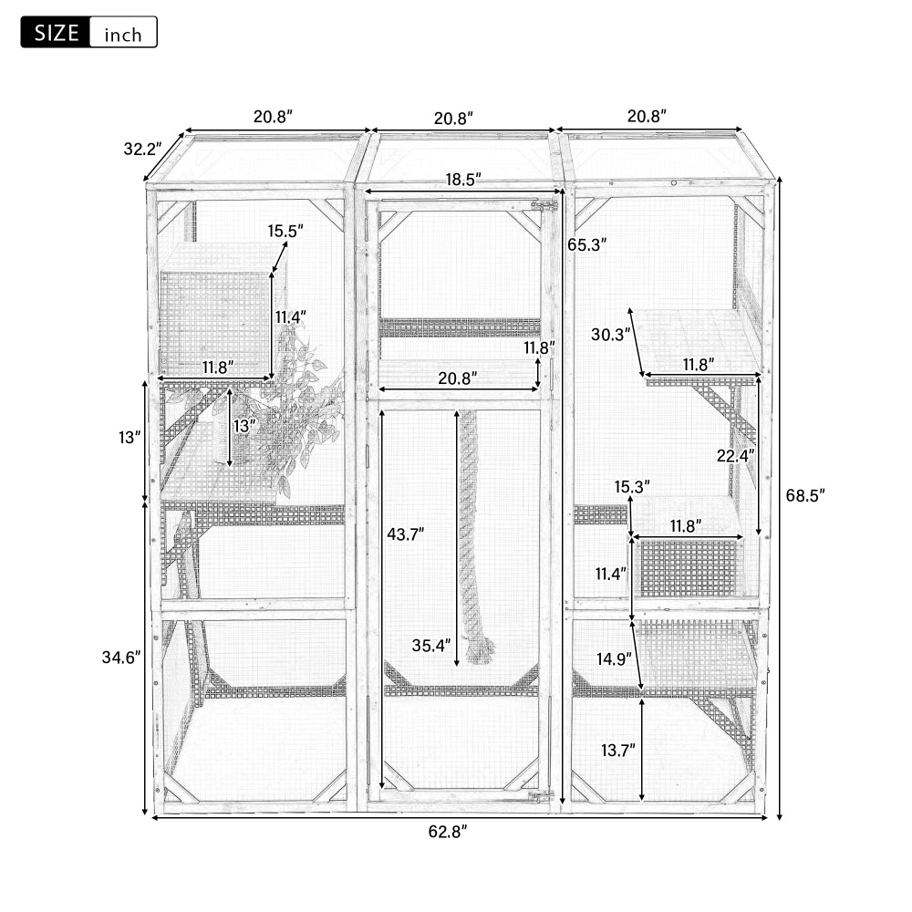 Outdoor Cat House, DIY Cat Enclosure, Cat Catio with Double Enter Doors, 62.8"L X 32.2"W X68.5"H Balcony Cat Playpen