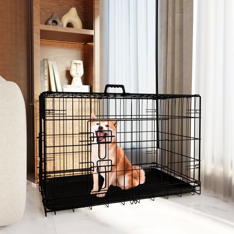 Dog Crate, 48 Inch Large Dog Cage with Divider and Plastic Leak-Proof Pan Tray, Double Door Folding Metal Wire Cage for Indoor