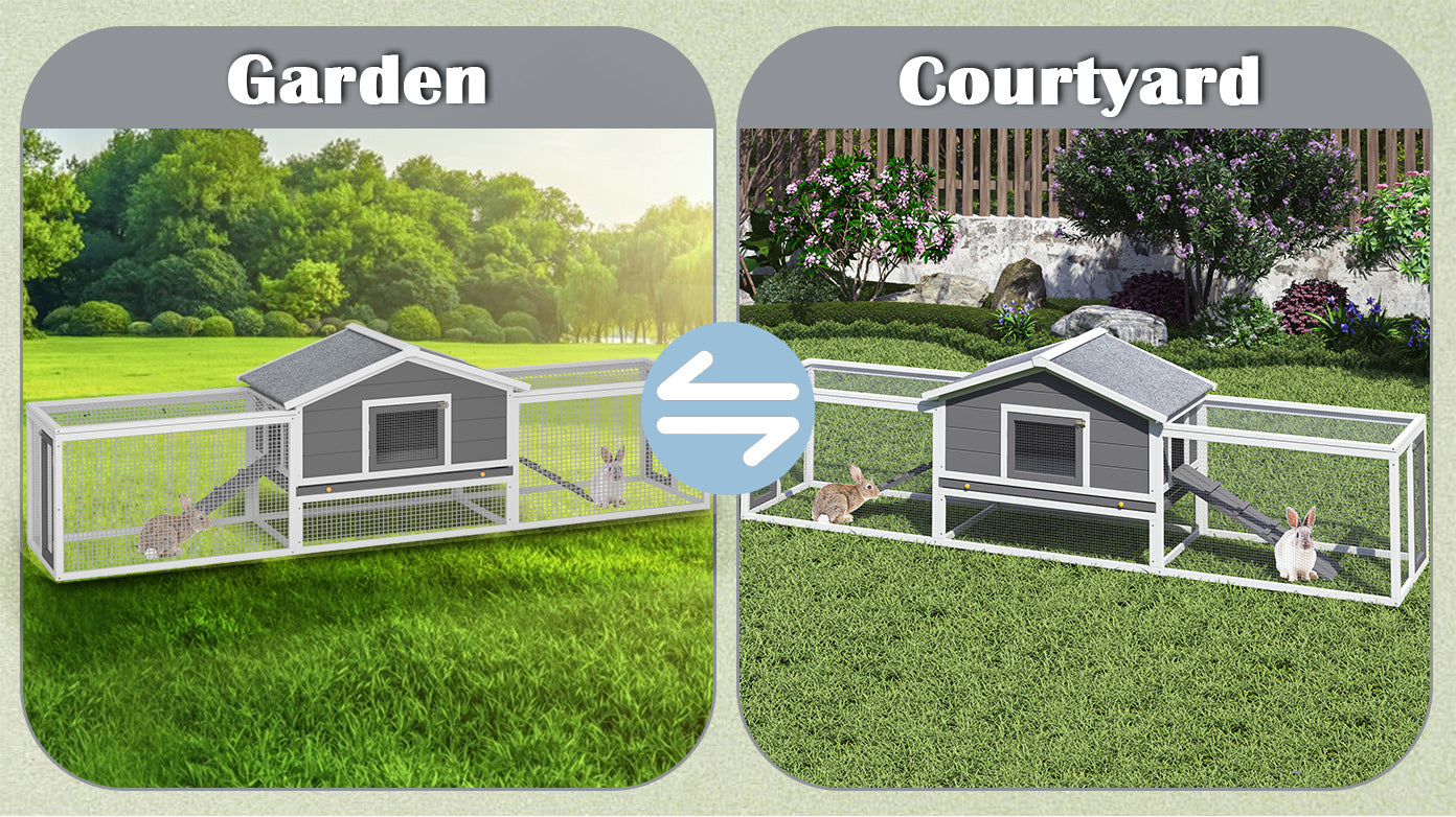 2-Story Large Wooden Rabbit Hutch Pet House with Ramps, Lockable Doors, Run Area and Asphalt Roof for Outdoor Use