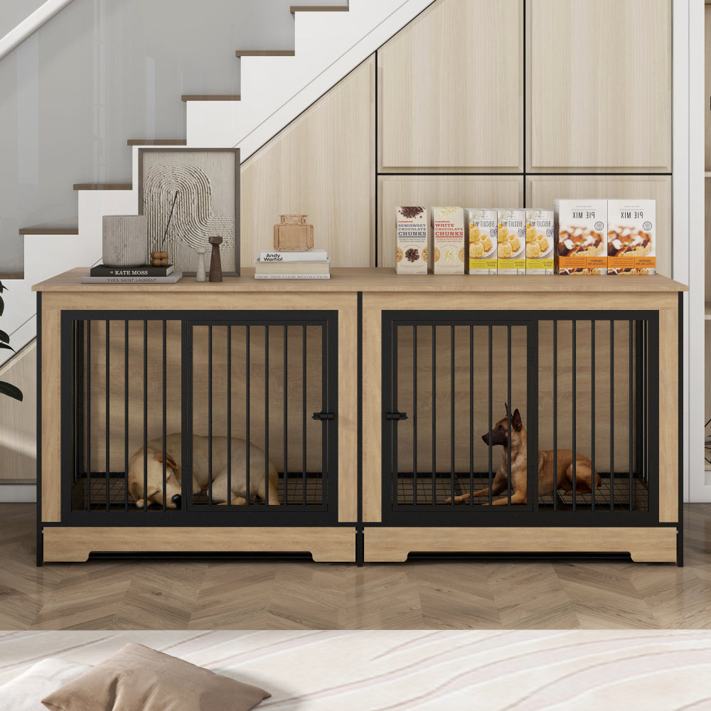 Dog Crate Furniture with Two Combined Room, XL Large Double Dog Cage Furniture with Tray for Medium Large Dogs