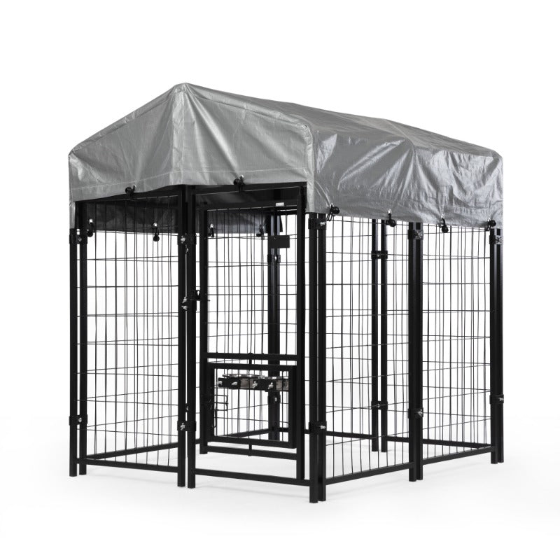 Heavy Duty Dog House, Dog Pen with Roof, Reversible Feeding Door, Stainless Steel Feeding Bowls, Dog Fence Cage for Small to Lar