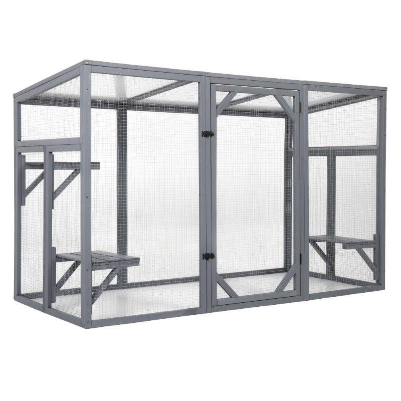 Outdoor Wood Cat Enclosure, Patio Cat Catio House with 3 Platforms, Lockable Door, Sun Sheet Roof, Large Run for Pets, Gray