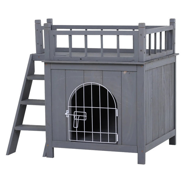 2-Level Grey Wooden Cat House with Lockable Wire Door Pet Furniture
