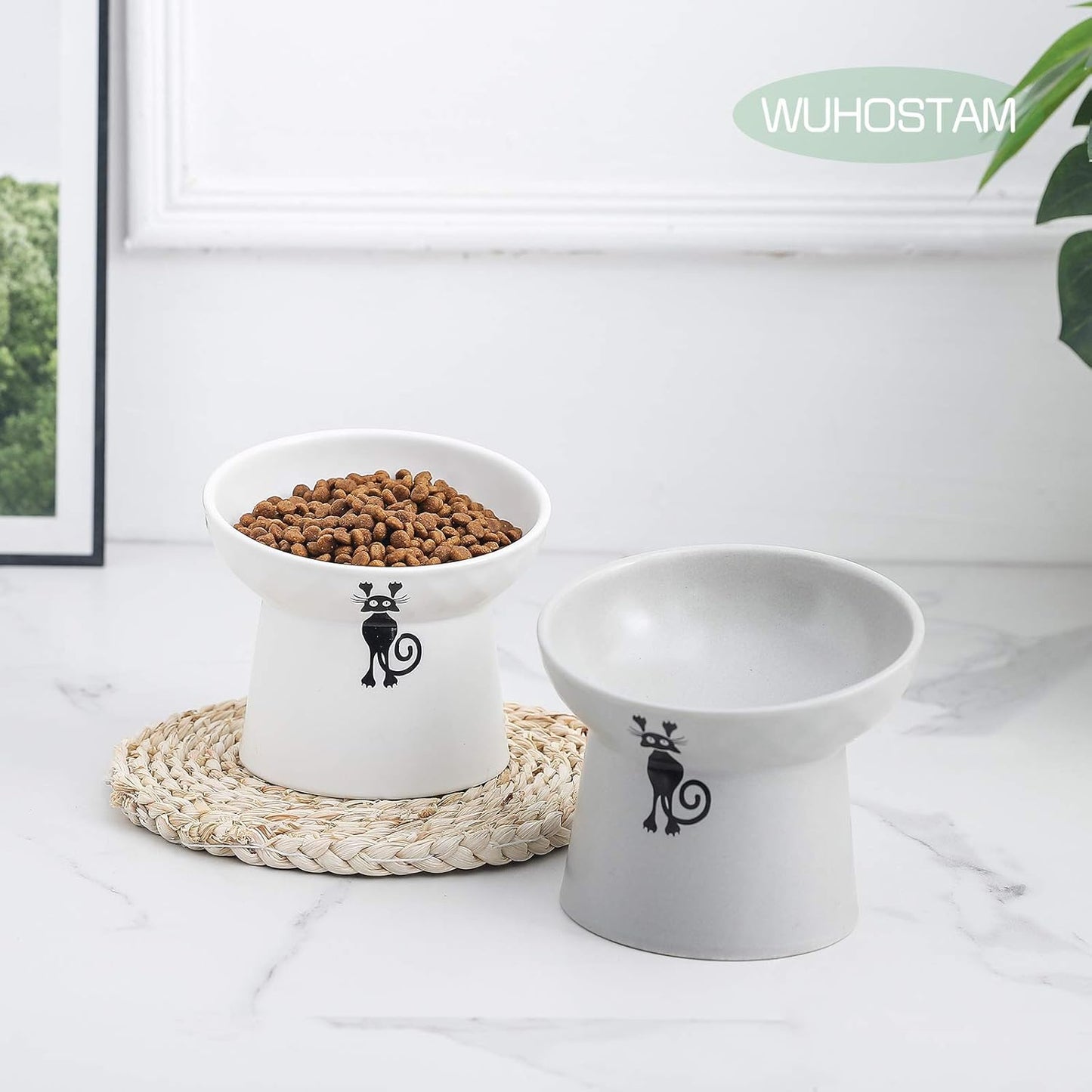 Tilted Raised Cat Food and Water Bowl Set,Elevated Slanted Cat Feeder Bowls,Ceramic Pet Bowls,Protect Pet'S Spine,Backflow Prevention,2 Pack(White&Grey)