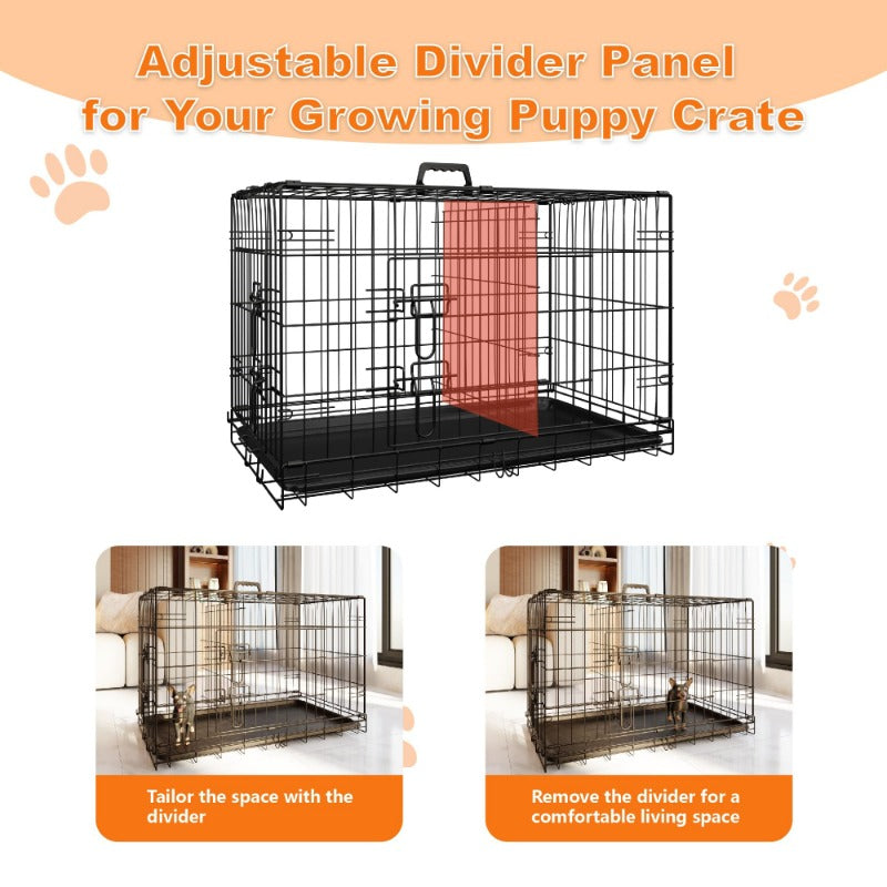 Dog Crate, 48 Inch Large Dog Cage with Divider and Plastic Leak-Proof Pan Tray, Double Door Folding Metal Wire Cage for Indoor