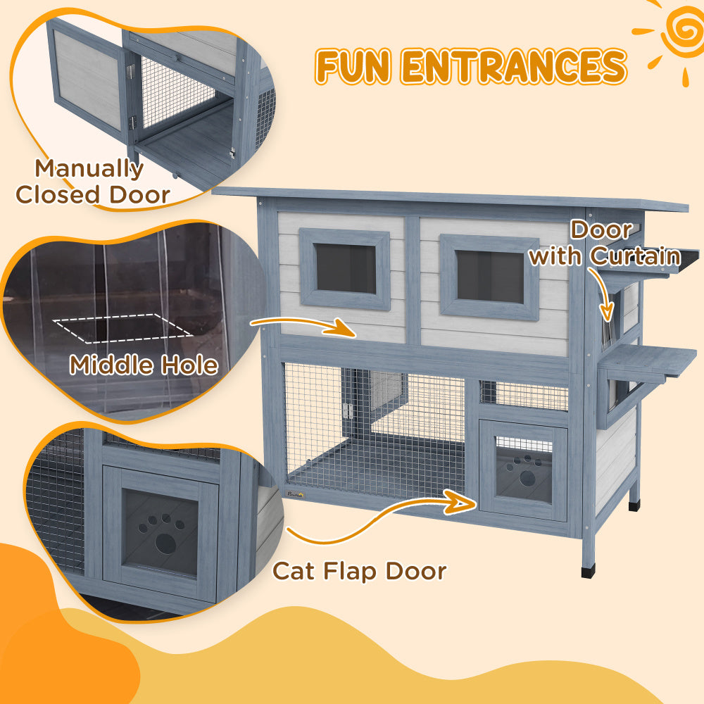 Outdoor Cat House, 2 Tier Weatherproof Feral Cat Shelter with Escape Door, Asphalt Roof