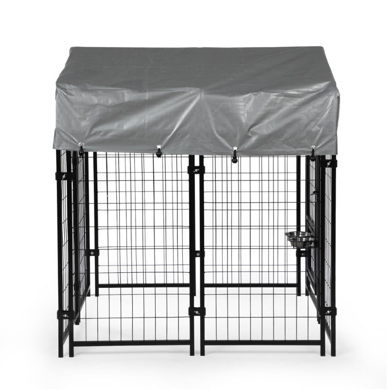 Heavy Duty Dog House, Dog Pen with Roof, Reversible Feeding Door, Stainless Steel Feeding Bowls, Dog Fence Cage for Small to Lar