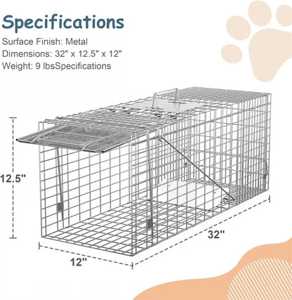 32" Live Animal Cage Trap Heavy Duty Steel Catch Humane Rodent Cage w/Iron Door