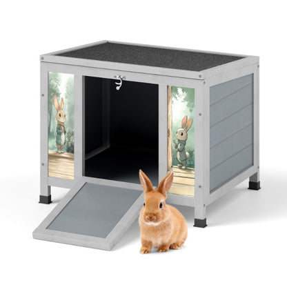 Small Outdoor Wooden Rabbit Hutch with Lockable Door & Weatherproof Roof, Openable Top, Bunny Cage Pet House for Rabbits, Guinea