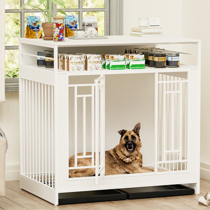 43.3 Inch Dog Crate Furniture for Large Dogs,Wooden Dog Crate with Divider,Double Door Dog Kennel with Three Drawers Storages