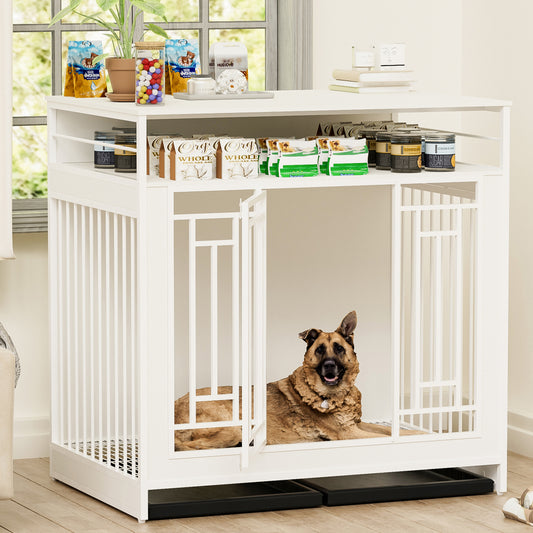 43.3 Inch Dog Crate Furniture for Large Dogs,Wooden Dog Crate with Divider,Double Door Dog Kennel with Three Drawers Storages