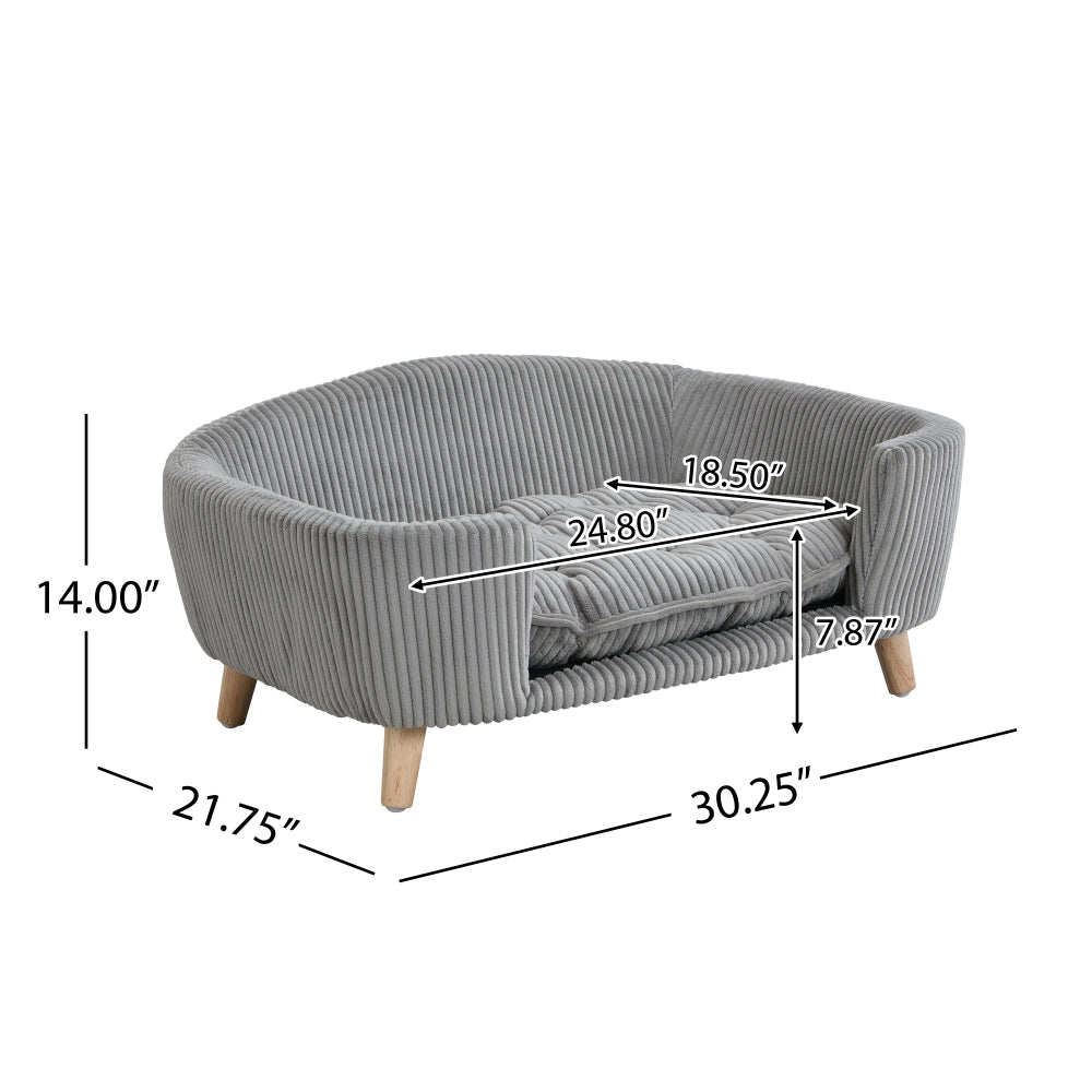 Elevated Dog Bed Frame for Small Dog, Corduroy Pet Couch Bed with Rubber Wood Legs and Supportive Foam, Gray, Easy Assembly