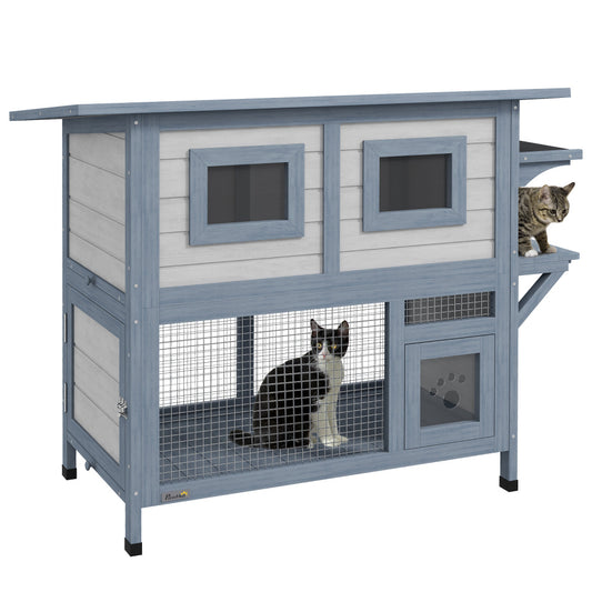 Outdoor Cat House, 2 Tier Weatherproof Feral Cat Shelter with Escape Door, Asphalt Roof