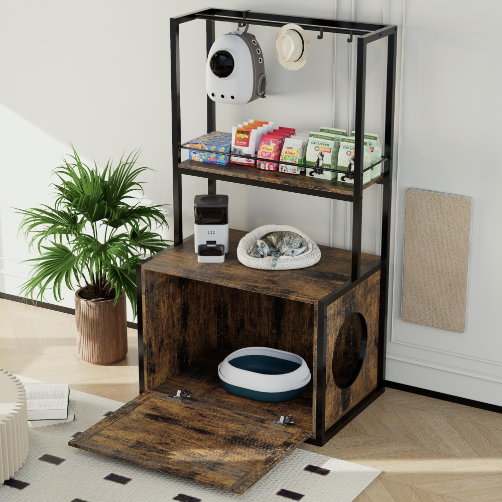 55"Refined Litter Box Enclosure with Storage Shelves and 2 Hanging Clothes Rack, 4-in-1 Hidden Cat Litter Box