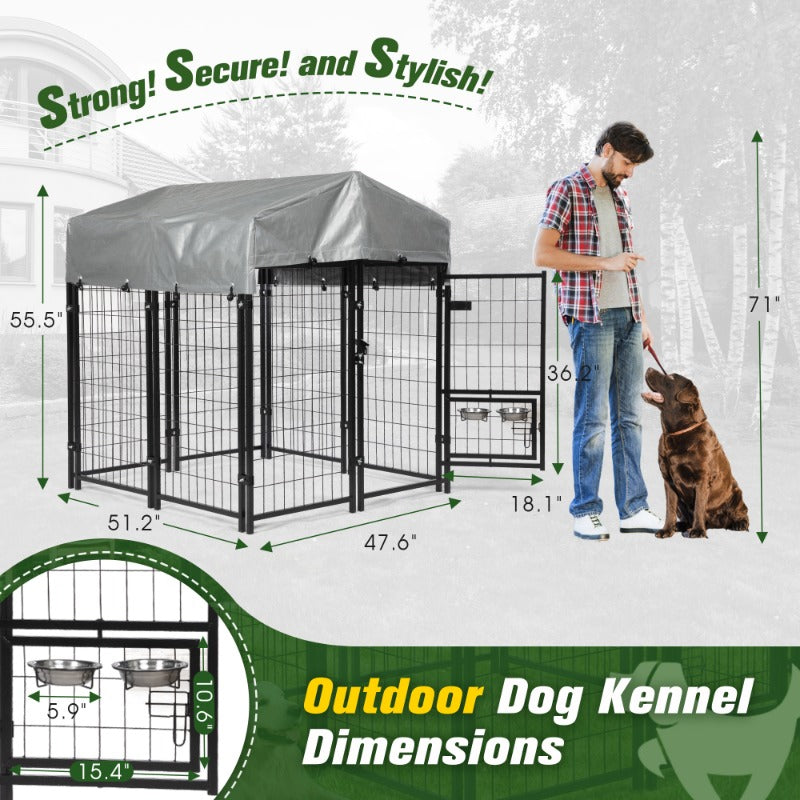Heavy Duty Dog House, Dog Pen with Roof, Reversible Feeding Door, Stainless Steel Feeding Bowls, Dog Fence Cage for Small to Lar