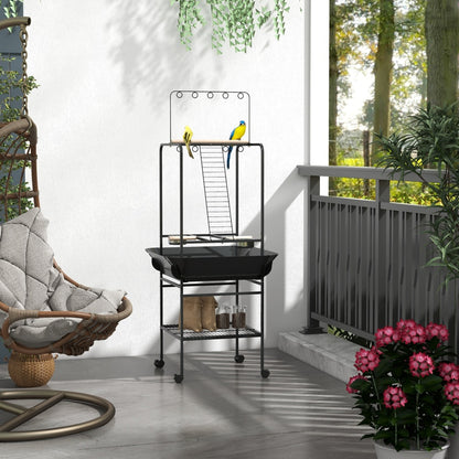 Bird Stand with Wheels, Parrot Stand with Perches, Stainless Steel Feed Bowls, Pull-Out Tray, Toy Hanger