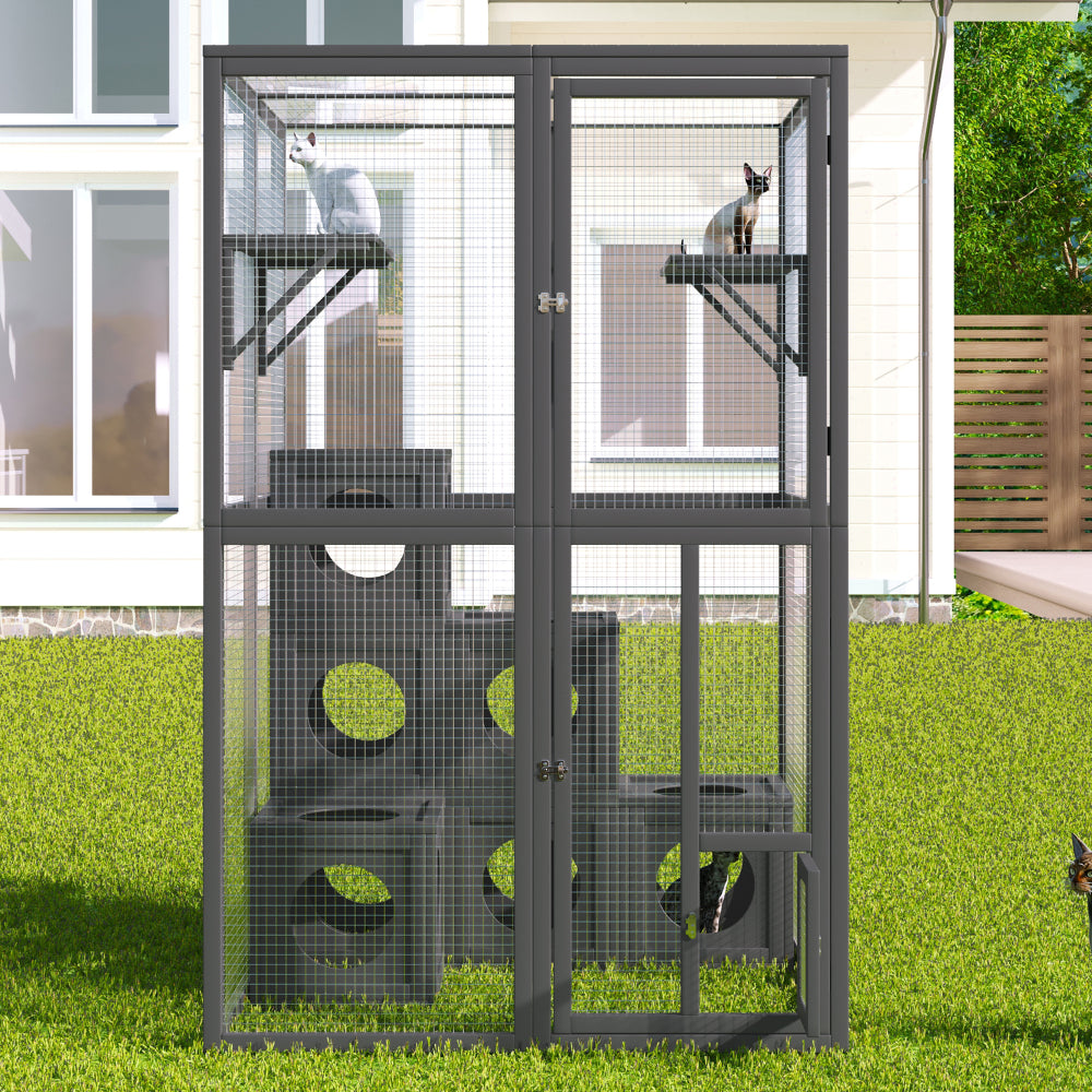 Outdoor Cat House Cat Shelves Grey Pine Wood Playground Cat Weather protection With Removable Wood Boxes