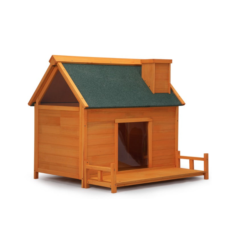 Indoor Outdoor Dog House, Wood Dog Cabin with Porch, Curtained Door, Waterproof Asphalt Roof, Pet Crate Kennel for Small to Medi