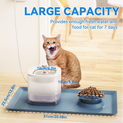 Cat Water Fountain and Food Bowl Set with Mat 1.8L Automatic Pet Running Water Dispenser with LED Light Ultra Silent