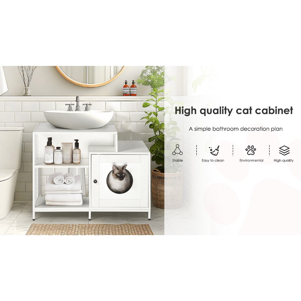 Cat litter box enclosure for bathroom, Hidden Litter Pet Washroom with Divider, Indoor Cat House for Large Cats, White