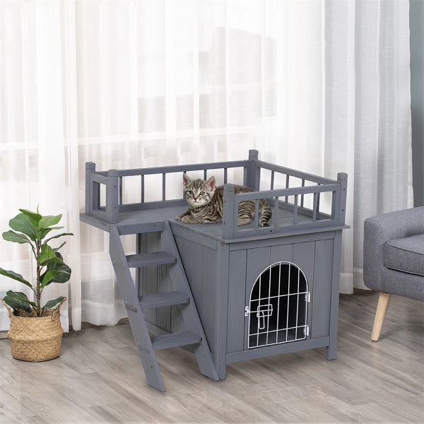 2-Level Grey Wooden Cat House with Lockable Wire Door Pet Furniture