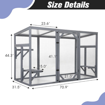 Outdoor Wood Cat Enclosure, Patio Cat Catio House with 3 Platforms, Lockable Door, Sun Sheet Roof, Large Run for Pets, Gray