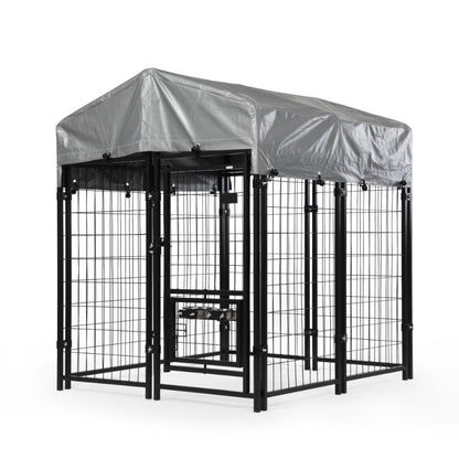 Heavy Duty Dog House, Dog Pen with Roof, Reversible Feeding Door, Stainless Steel Feeding Bowls, Dog Fence Cage for Small to Lar