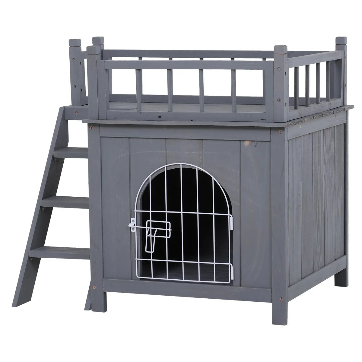 2-Level Grey Wooden Cat House with Lockable Wire Door Pet Furniture