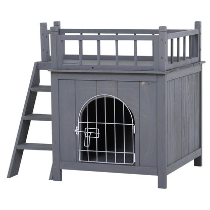 2-Level Grey Wooden Cat House with Lockable Wire Door Pet Furniture