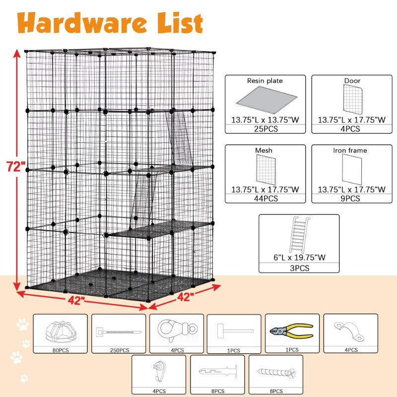 3-Tier Wire Cat Cage, Large Kennels Playpen with 3 Platforms, 3 Ramp Ladders and 4 Doors, 42" X 42" X 72", Black