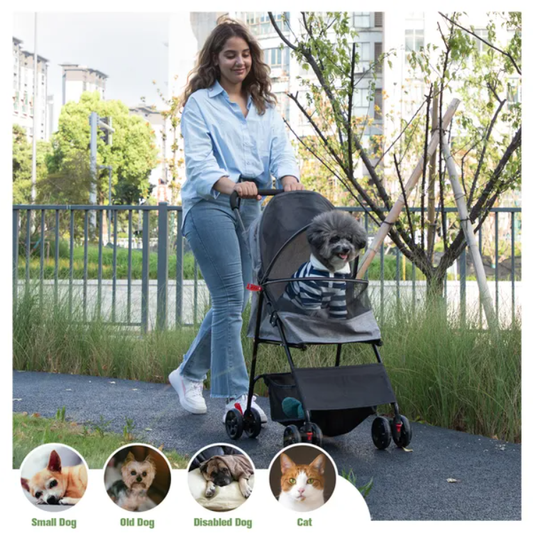 Foldable Small Dog & Cat Stroller with Storage Basket Gray & Black FCJ Pet Carriers for Puppies