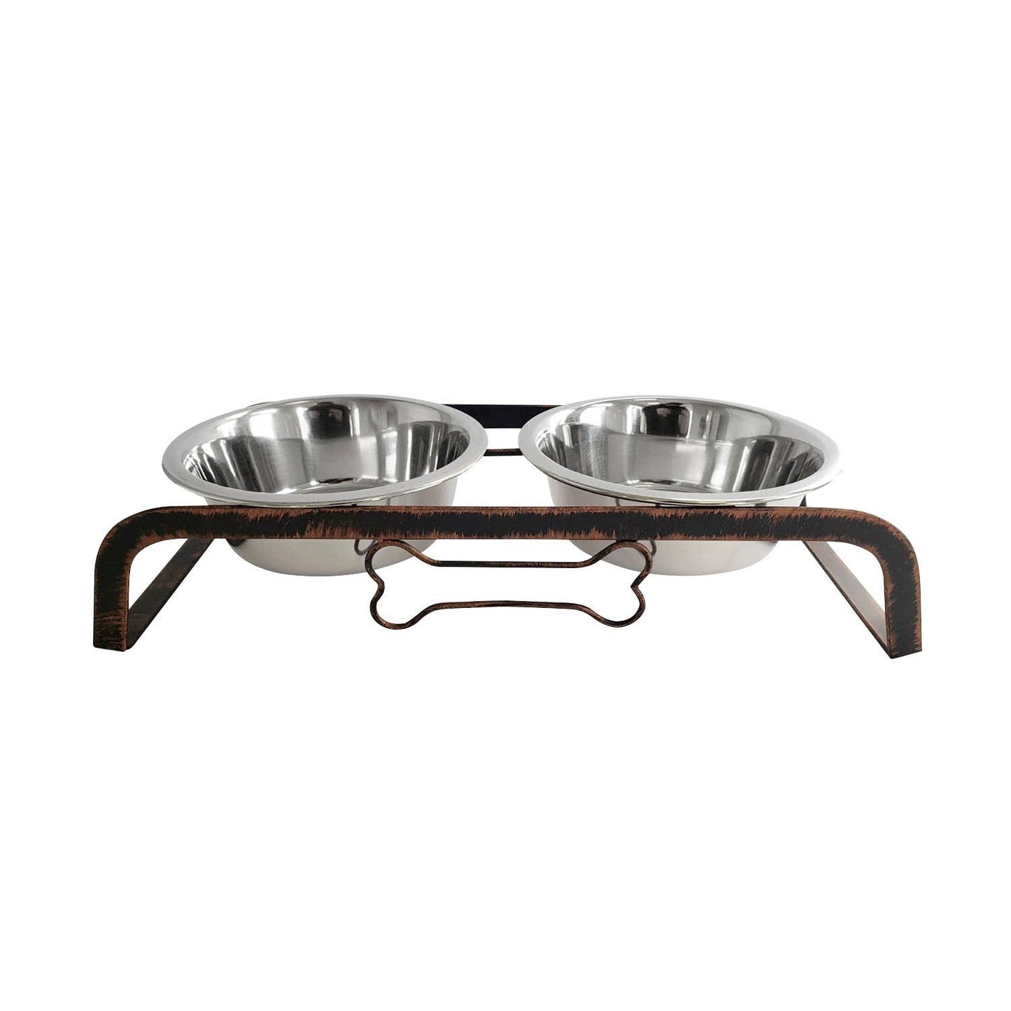 HMS Rustic 32oz Two Bowl Dog Feeding Station Elevated Stainless Steel for Camping Travel Party Cats & Animals Battery Powered