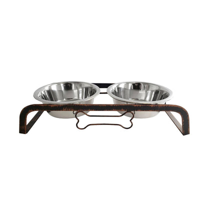 HMS Rustic 32oz Two Bowl Dog Feeding Station Elevated Stainless Steel for Camping Travel Party Cats & Animals Battery Powered