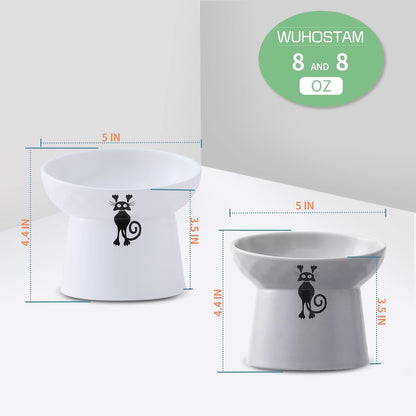Tilted Raised Cat Food and Water Bowl Set,Elevated Slanted Cat Feeder Bowls,Ceramic Pet Bowls,Protect Pet'S Spine,Backflow Prevention,2 Pack(White&Grey)